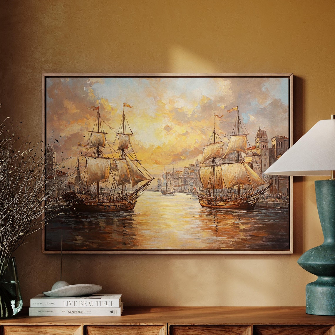 Tall Sailing Ships Harbor Sunset Vintage Nautical Oil Poster