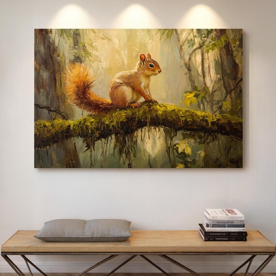 Cute Red Squirrel On Mossy Branch Sunlit Forest Painting Poster