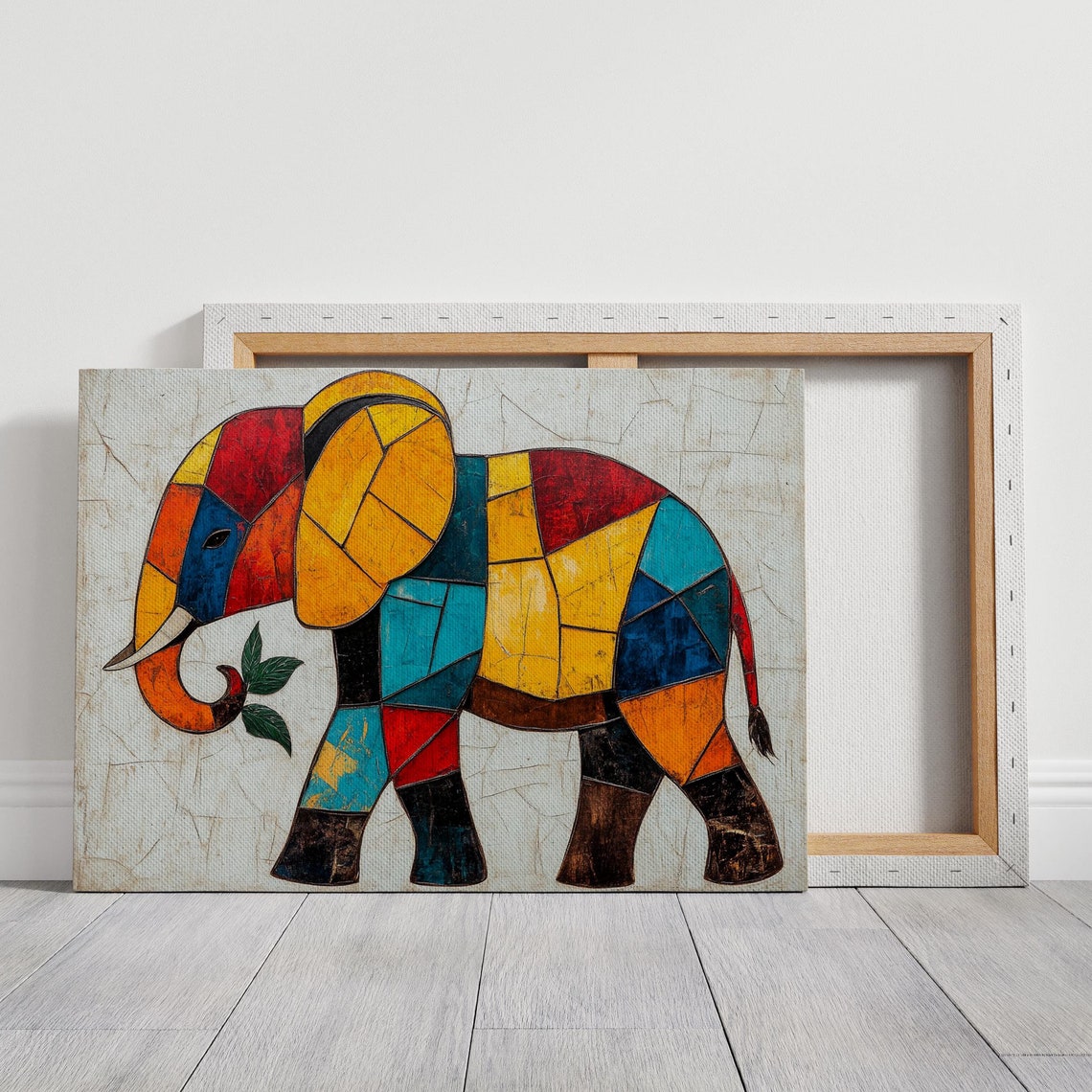 Geometric Patchwork Elephant Vibrant Stained Glass Style Art Poster