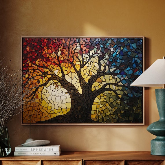 Stained Glass Tree Wall Art Vibrant Sunset Mosaic Nature Inspired Design For Modern And Rustic Home Or Office Decor