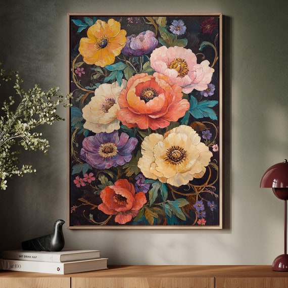 Vibrant Floral Bouquet Wall Art Textured Oil Painting Style Bold Poppy And Peony Colors For Home Office Or Gift Decor