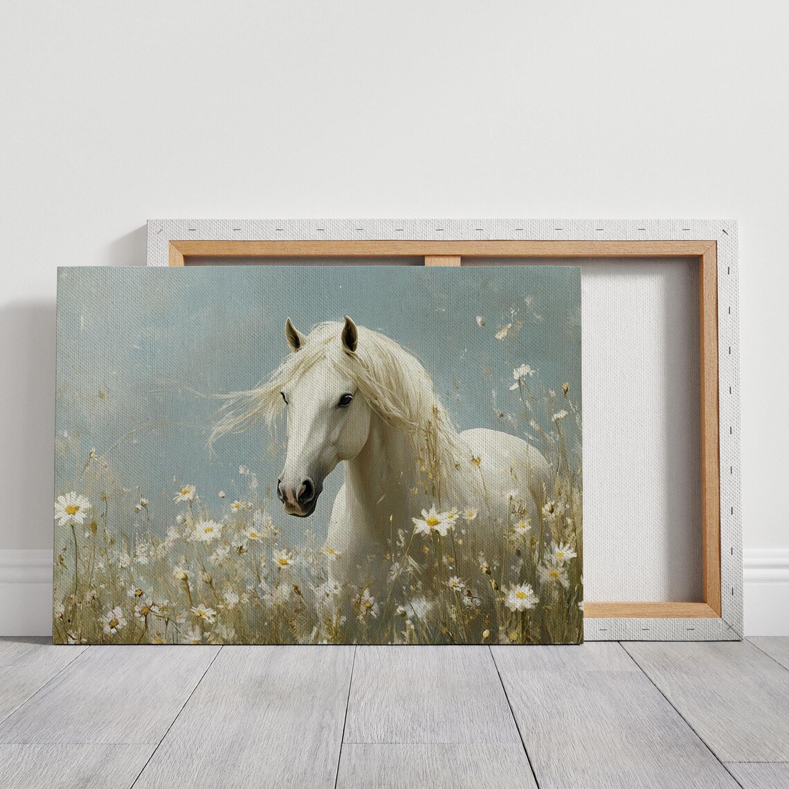 White Horse Among Daisies Gazing Out Dreamy Equine Art Poster