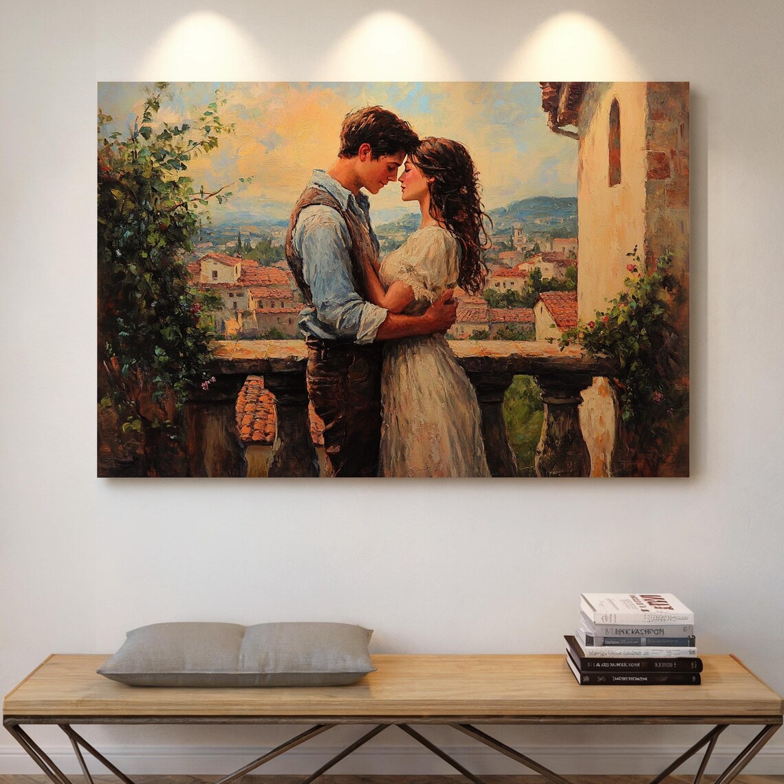 Romantic Balcony Embrace Art Print, Vintage Love