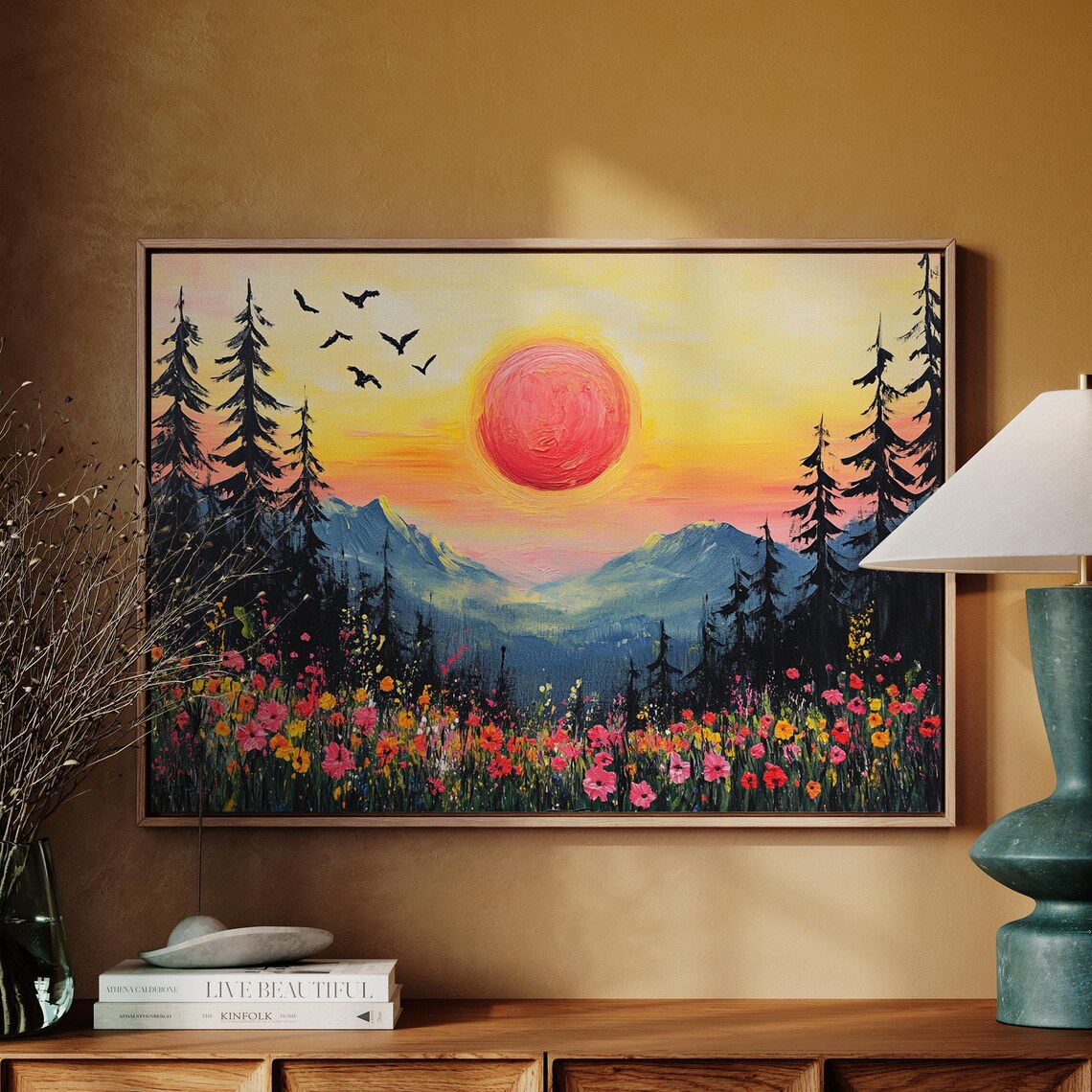 Golden Sunset Over Mountain Meadow With Wildflowers And Birds Poster