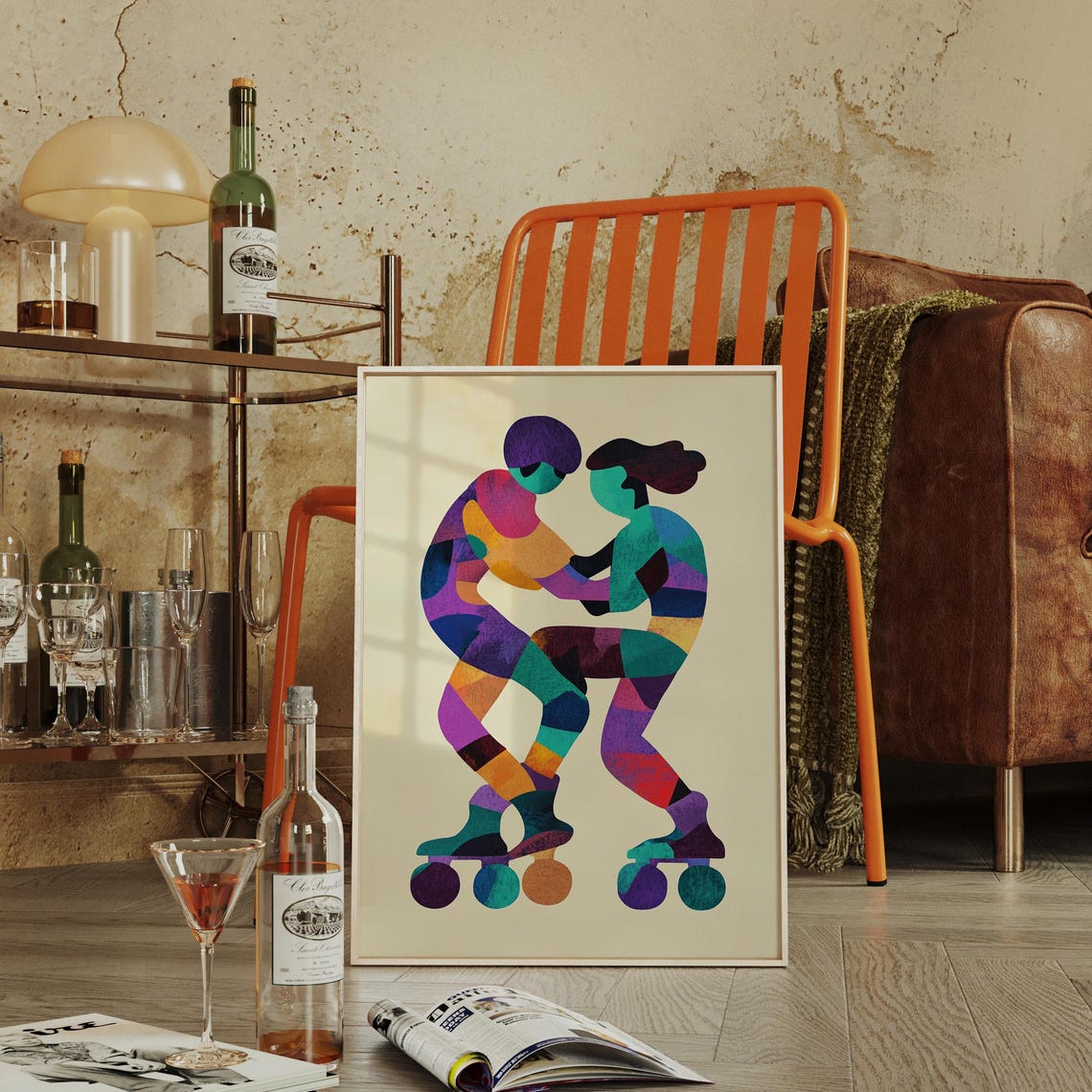 Rainbow Geometric Roller Skating Couple Retro Modern Art Poster