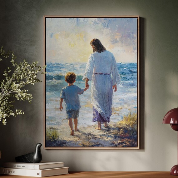 Jesus Holding Hand Of Child Walking Beach Christian Painting Poster