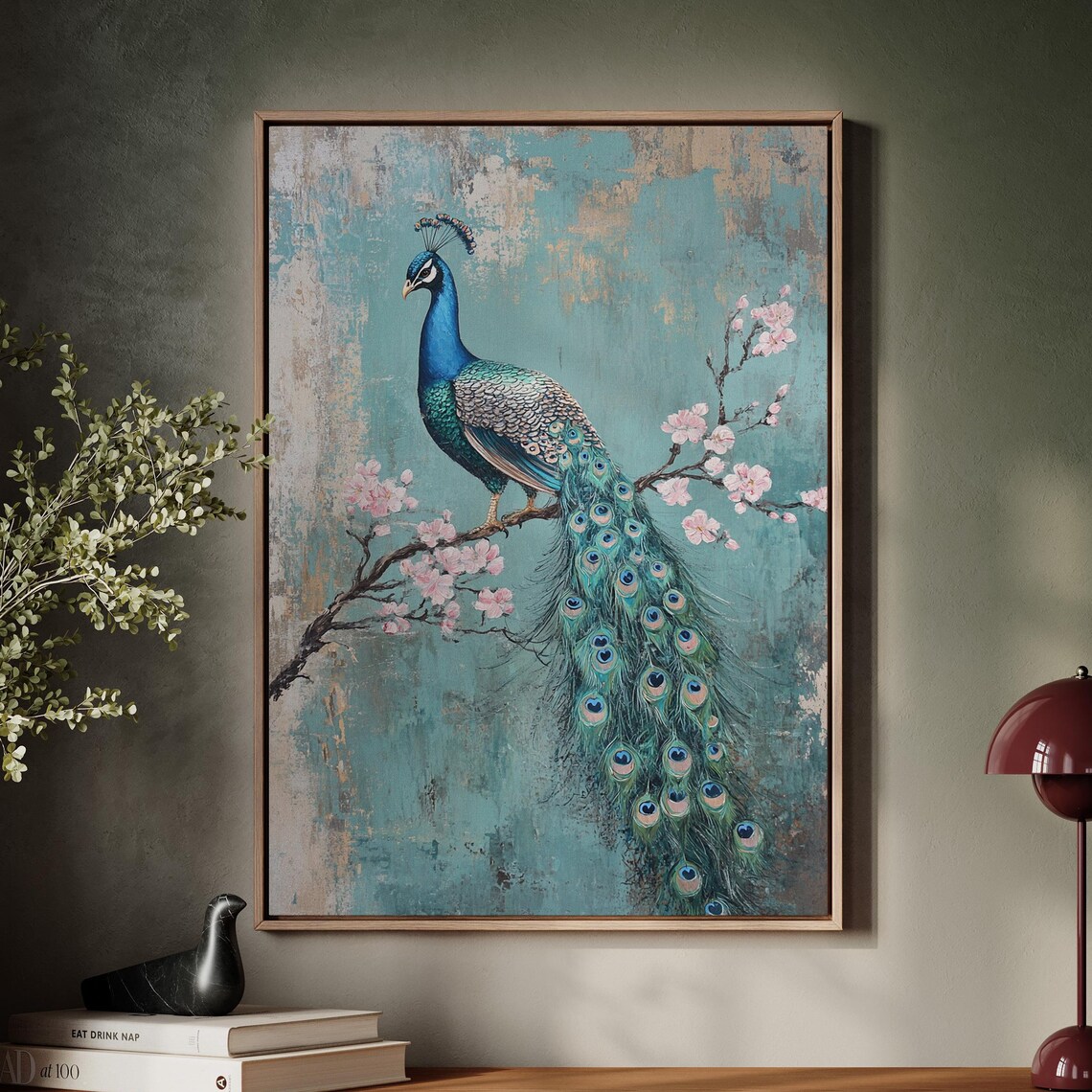 Majestic Peacock Cherry Blossom Branch Vibrant Exotic Bird Poster