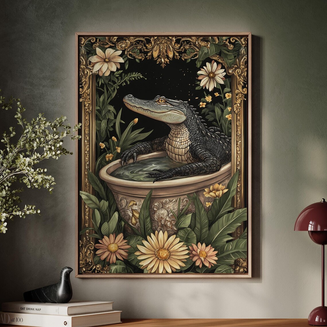 Elegant Alligator Bath Scene Ornate Frame Art Print