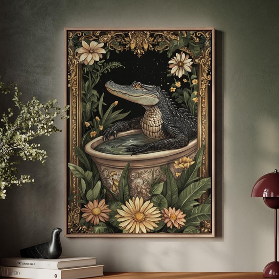 Elegant Alligator Bath Scene Ornate Frame Art Print