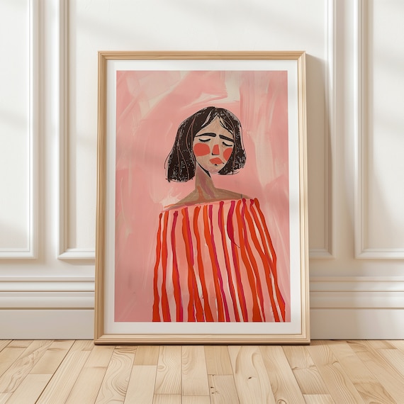 Shy Girl In Red Striped Dress Gouache Portrait On Pink Background Poster