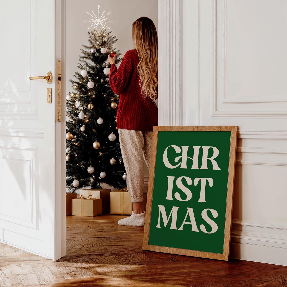 Christmas Cream Typography on Green Minimal Holiday Word Poster - Image 2