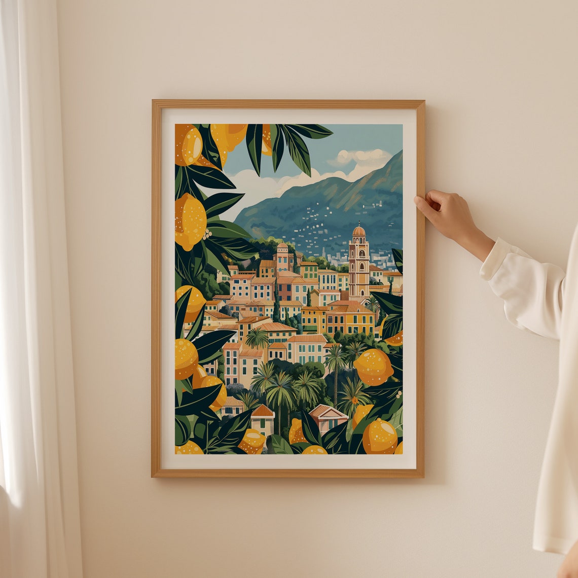 Italian Coastal Town Framed by Lemon Branches Citrus Travel Poster