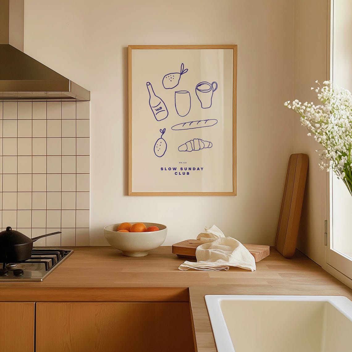 Slow Sunday Club French Breakfast Blue Line Drawing Kitchen Poster - Image 3