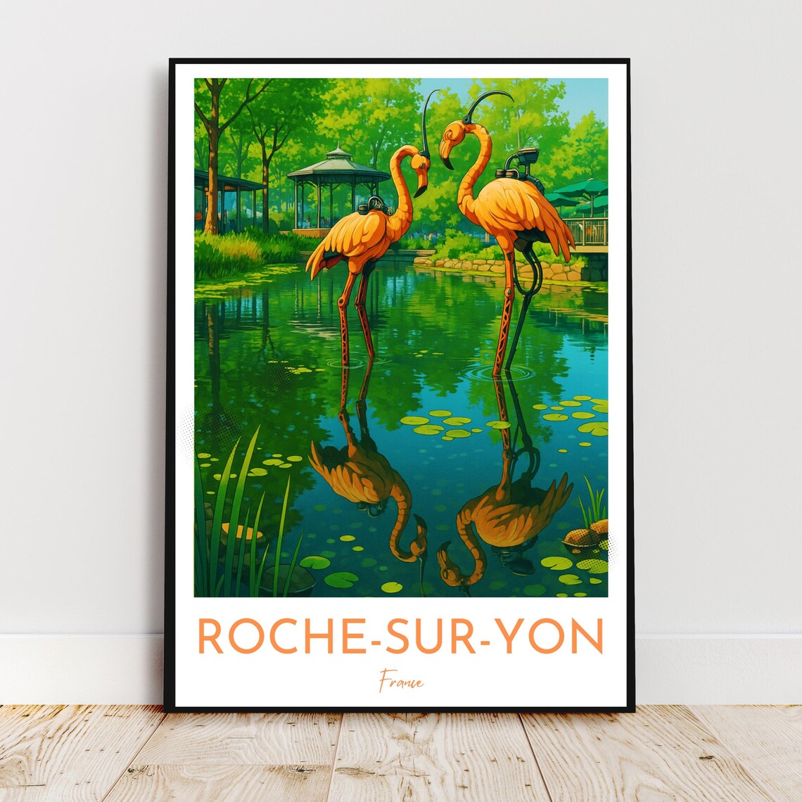 Roche Sur Yon France Flamingos Pond Reflection Vintage Travel Poster