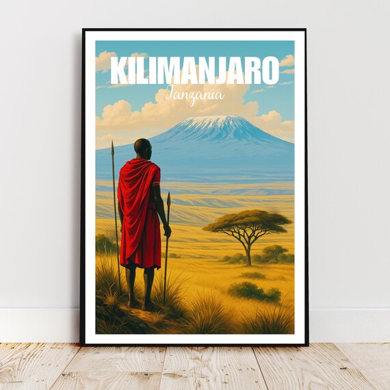 Kilimanjaro Tanzania Travel Poster Maasai Figure Snow Peak Safari Art