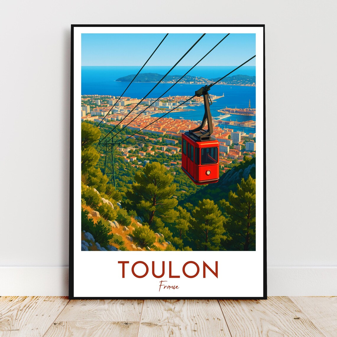 Sunny Toulon France Red Cable Car Over Harbor Cityscape Travel Poster