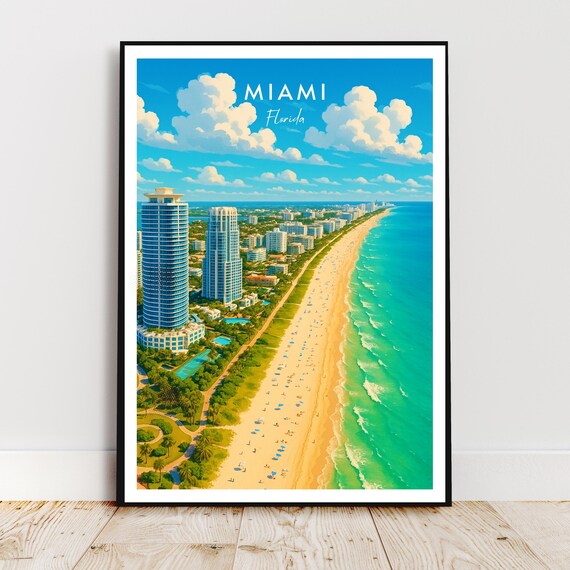 Miami Florida Beach Skyline Aerial Retro Style Travel Art Poster