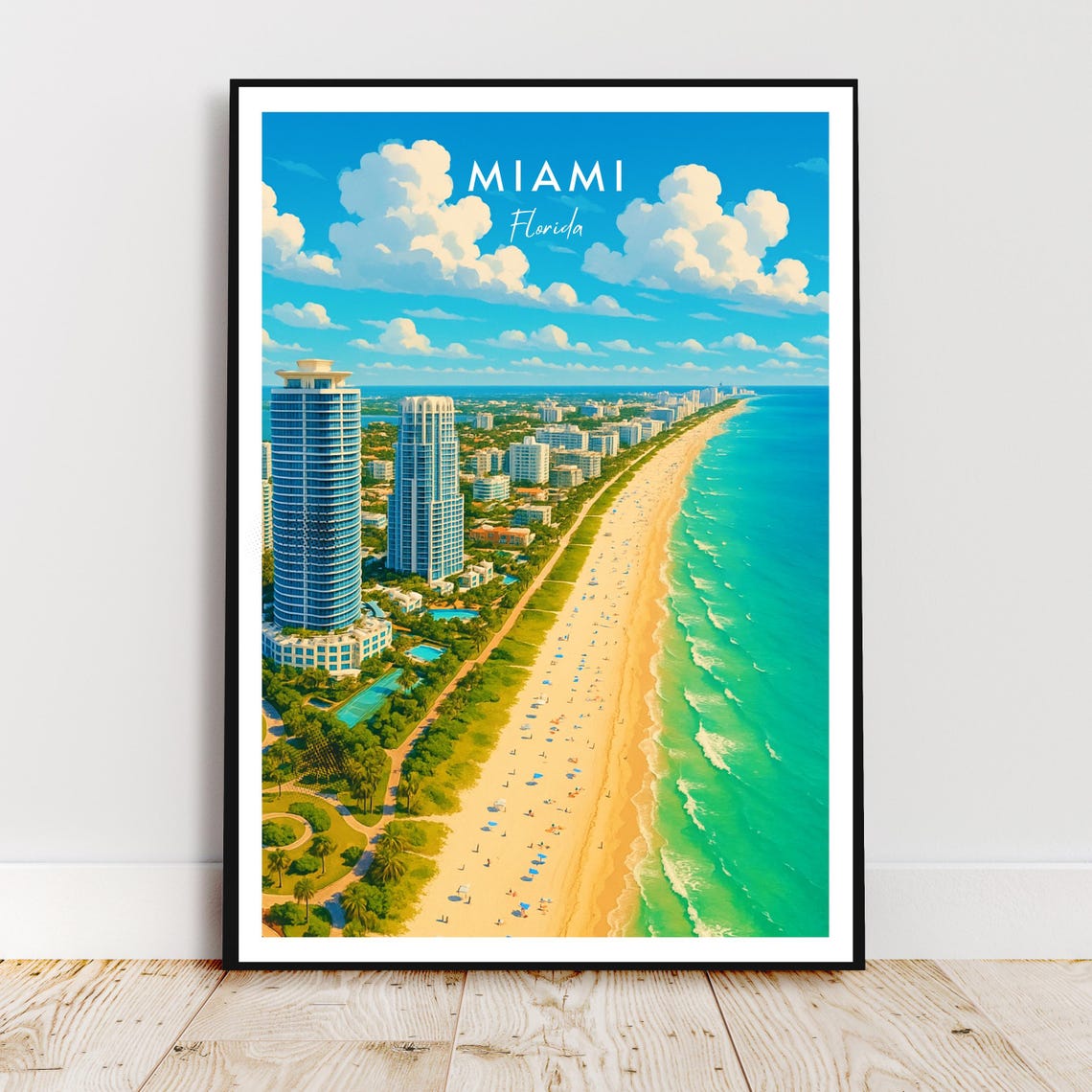Miami Florida Beach Skyline Aerial Retro Style Travel Art Poster