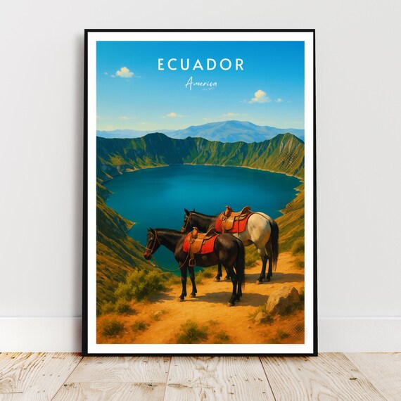 Ecuador Andes Horses Overlooking Turquoise Crater Lake Travel Poster