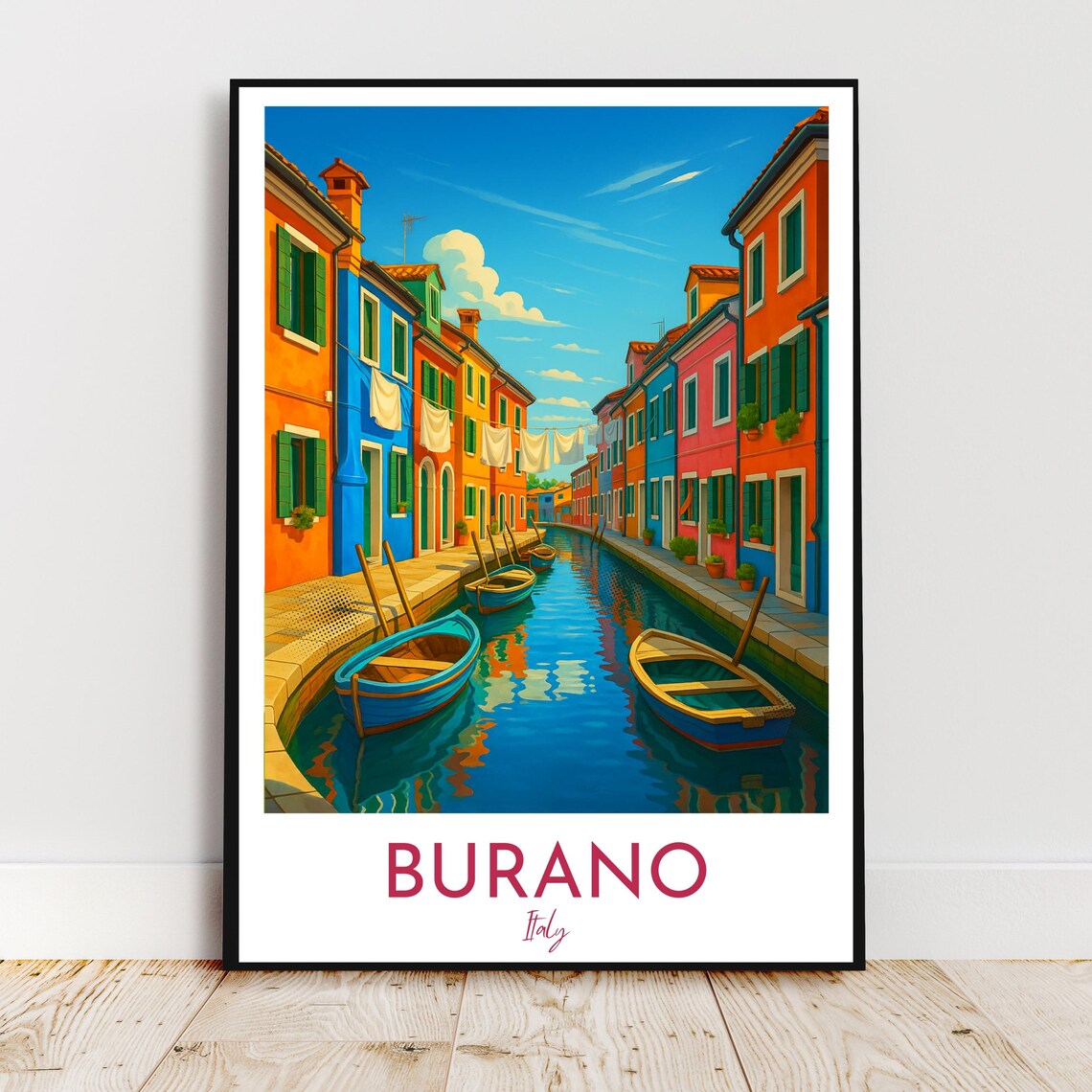 Burano Italy Colorful Canal Boats Venice Lagoon Travel Poster