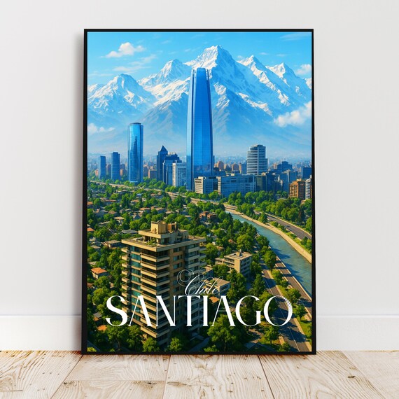 Santiago Chile Andes Mountains Skyline Modern City Travel Poster