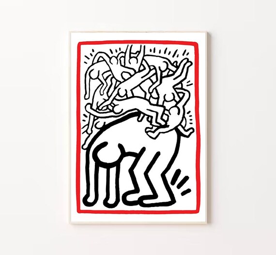 Keith Haring Dancing Figures Climbing Red Border Pop Art Poster
