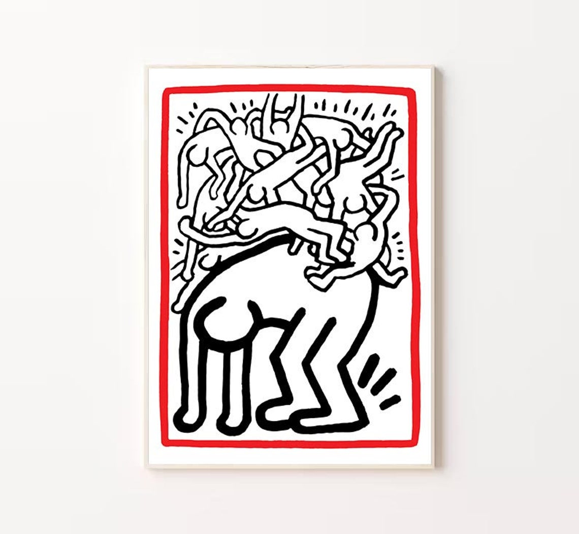 Keith Haring Dancing Figures Climbing Red Border Pop Art Poster