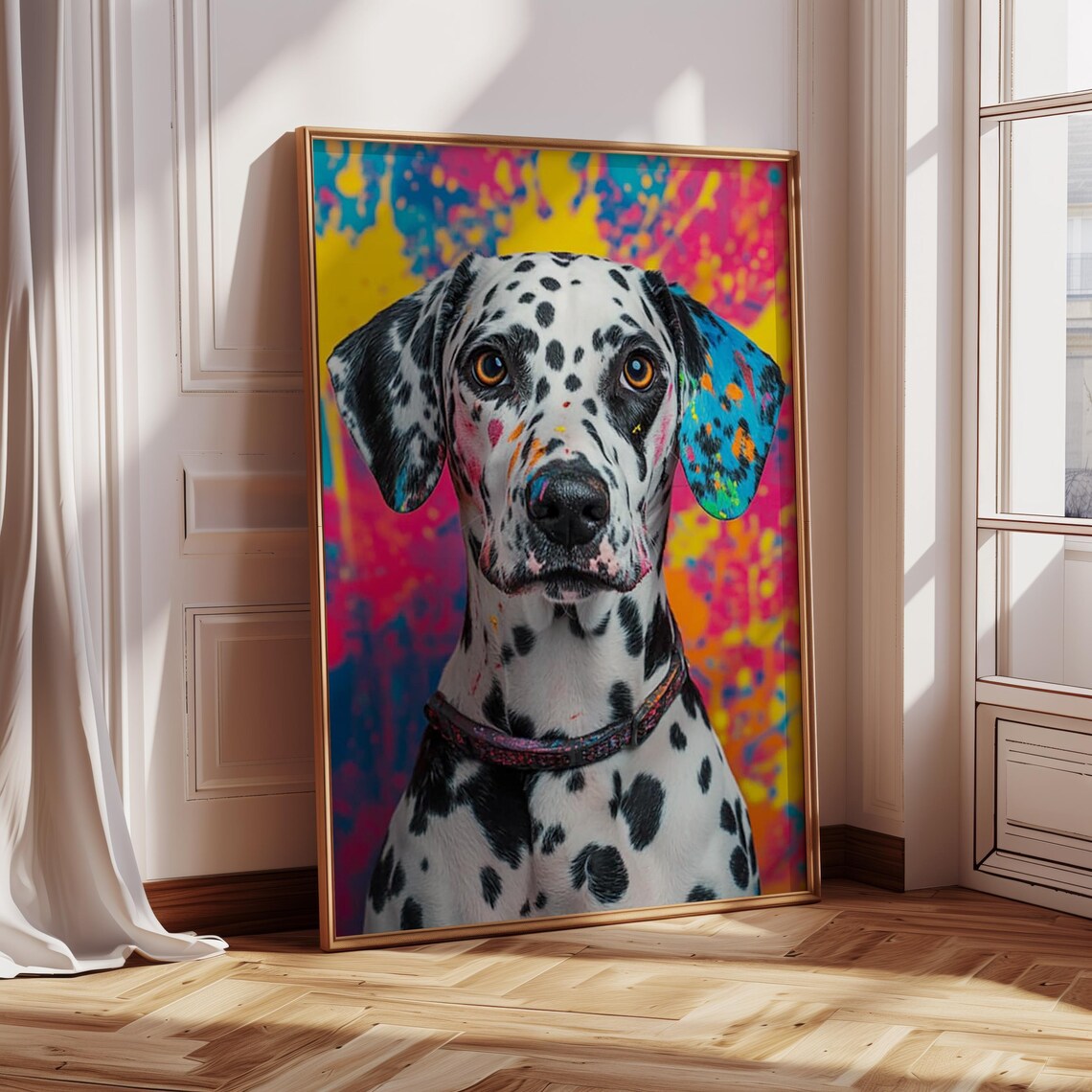 Dalmatian Portrait With Neon Pop Art Splatter Background Art Print