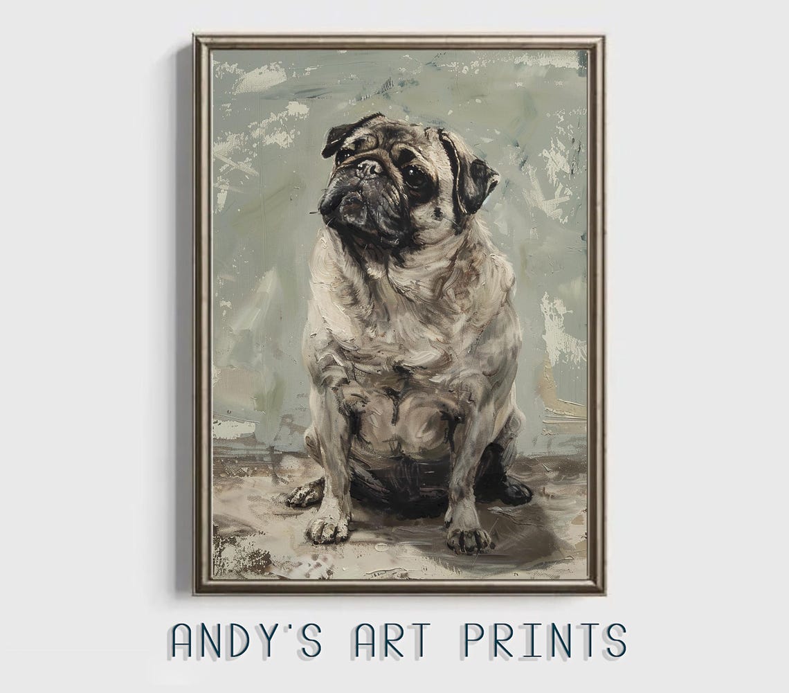 Dignified Seated Pug Portrait Painted In Soft Muted Oil Tones Poster