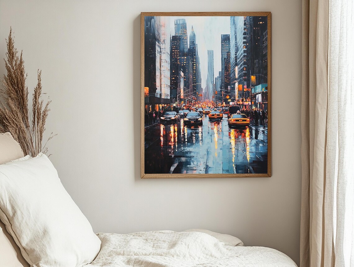 Rainy New York Night Avenue With Taxis And Towering Skyscrapers Poster - Image 2