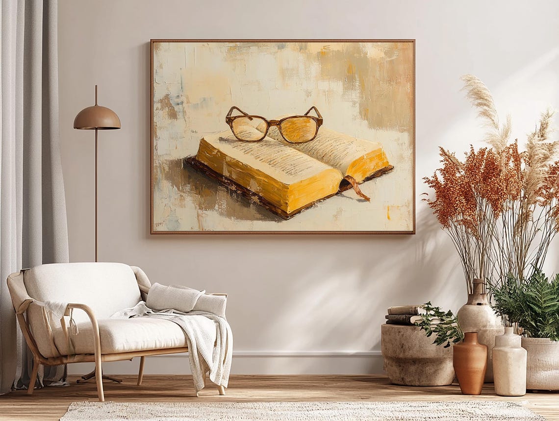 Touching Open Bible With Reading Glasses In Warm Golden Light Poster - Image 3