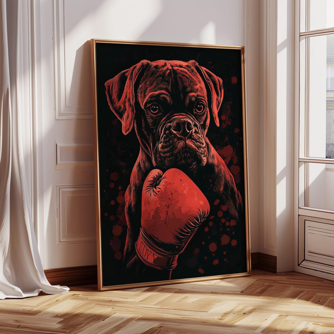 Boxer Dog Wearing a Red Boxing Glove Funny Pet Art Portrait Poster