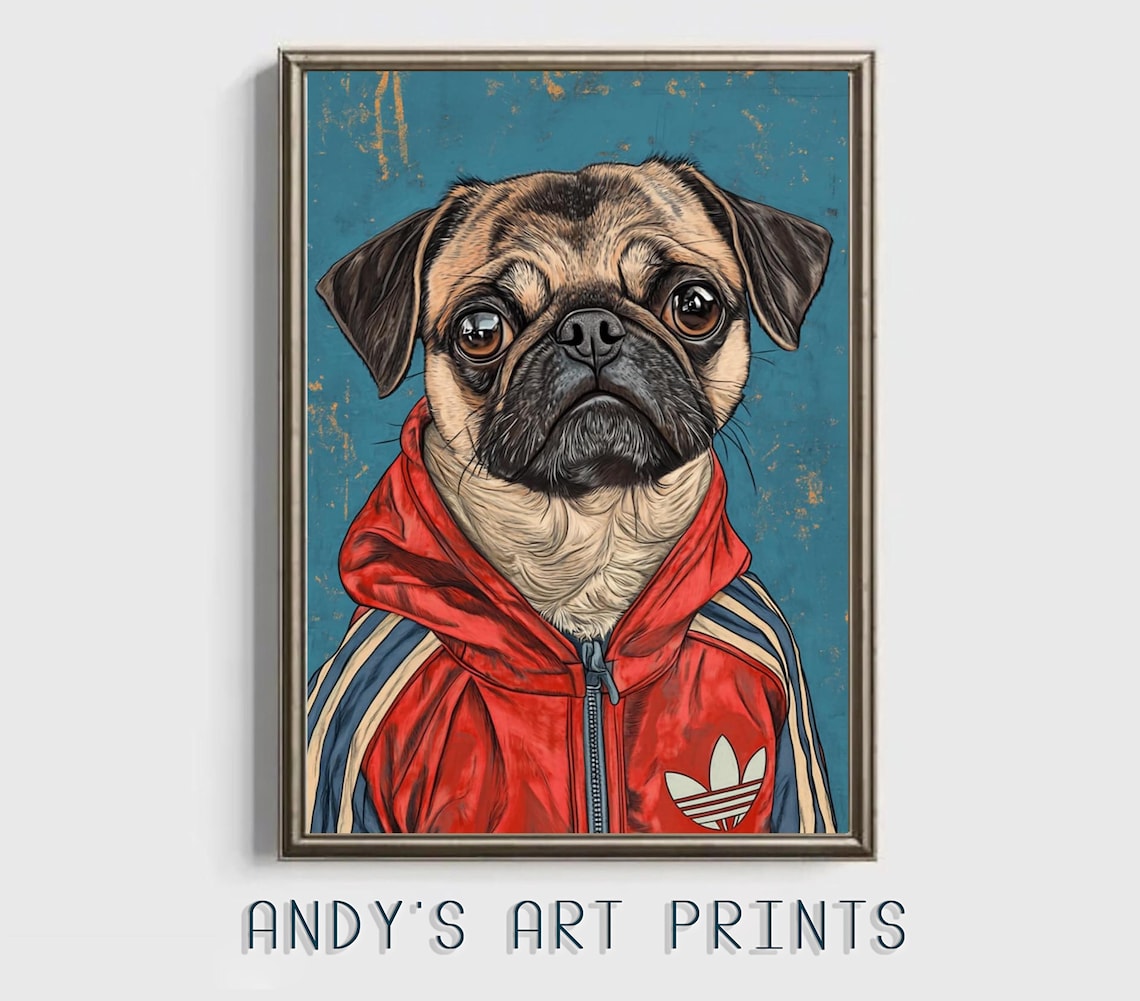 A Pug Wearing a Red Hoodie Tracksuit Funny Dog Portrait Poster