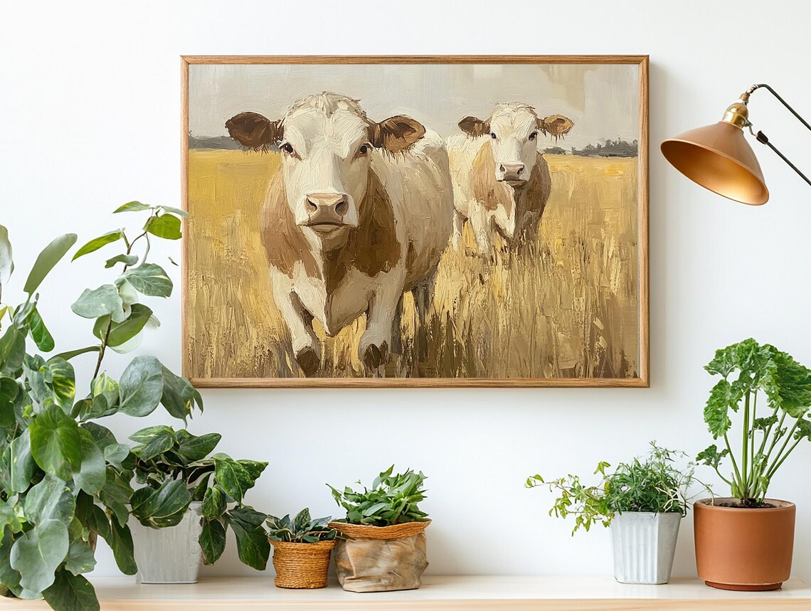 Two Cows In Golden Wheat Field Rustic Farm Oil Painting Poster - Image 2