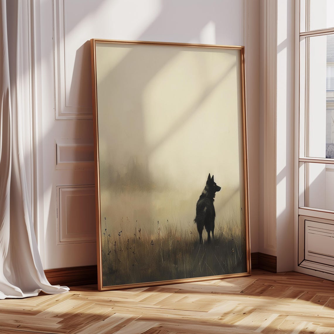 Black German Shepherd Silhouette In Misty Golden Field Art Print - Image 3