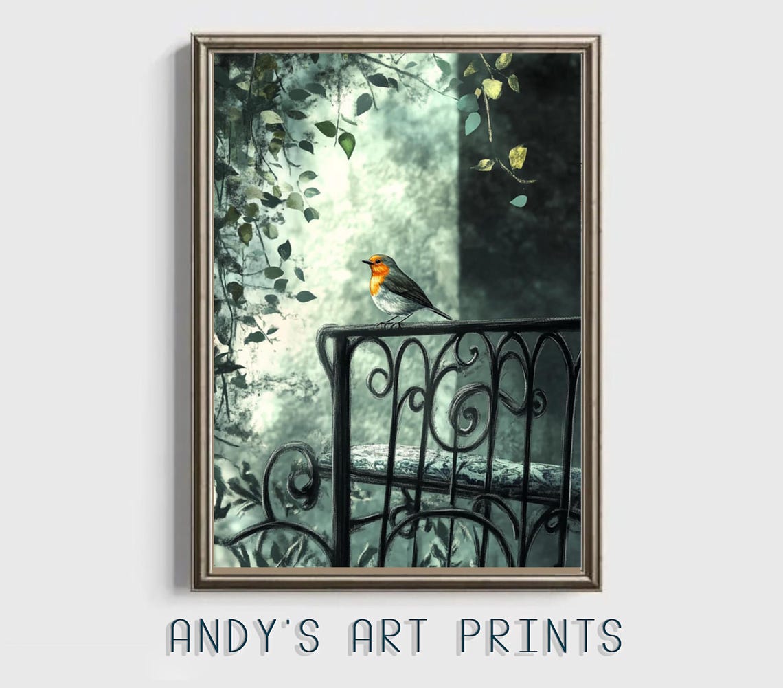 Robin On Wrought Iron Gate Leafy Green Garden Painting Poster - Image 3