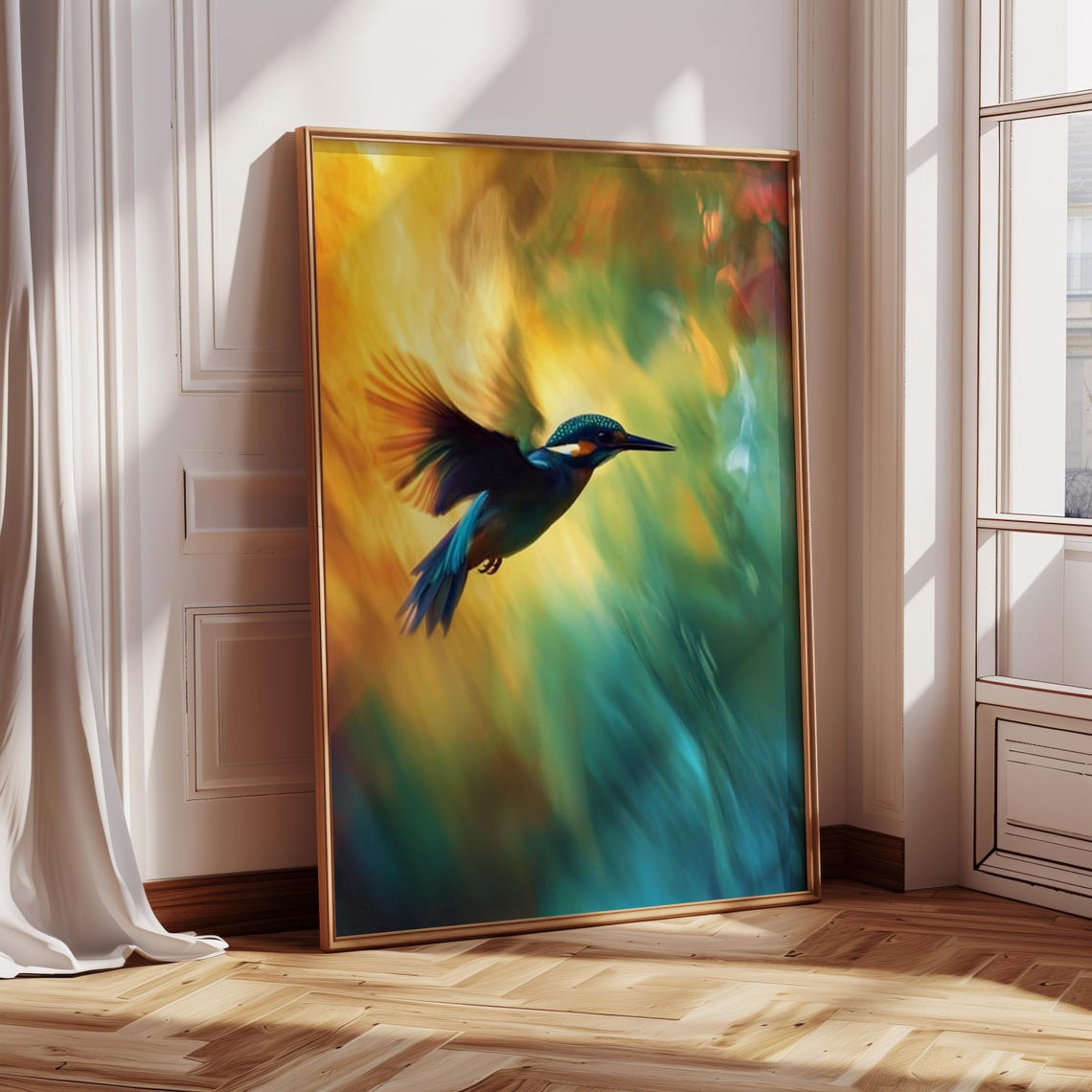 Kingfisher in Flight Across a Golden Green Abstract Sky Art Poster