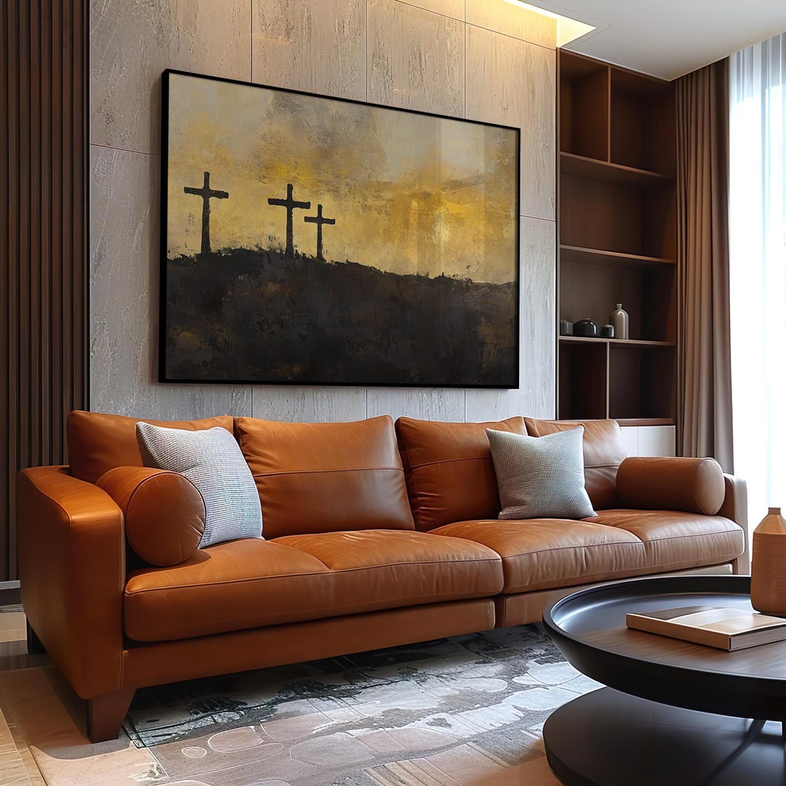 Three Crosses Of Calvary Silhouetted Against Golden Sunset Sky Poster - Image 3