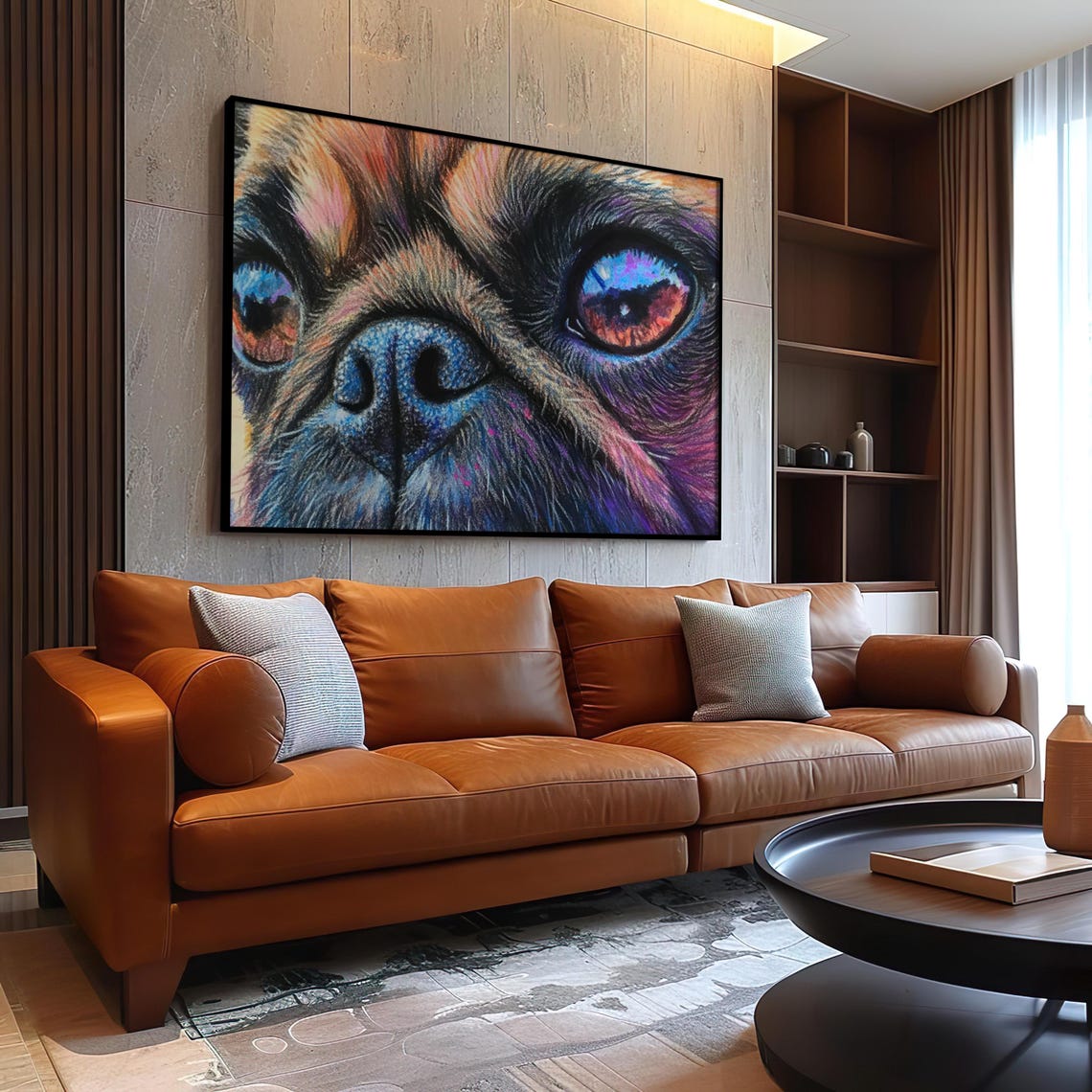 Playful Pug Face Close-Up In Bold Neon Purple Blue Orange Art Poster - Image 2