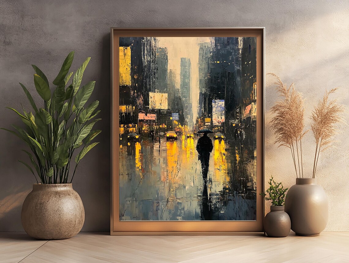 Cinematic Rainy NYC Street With Glowing Taxis And Umbrella Man Poster - Image 3