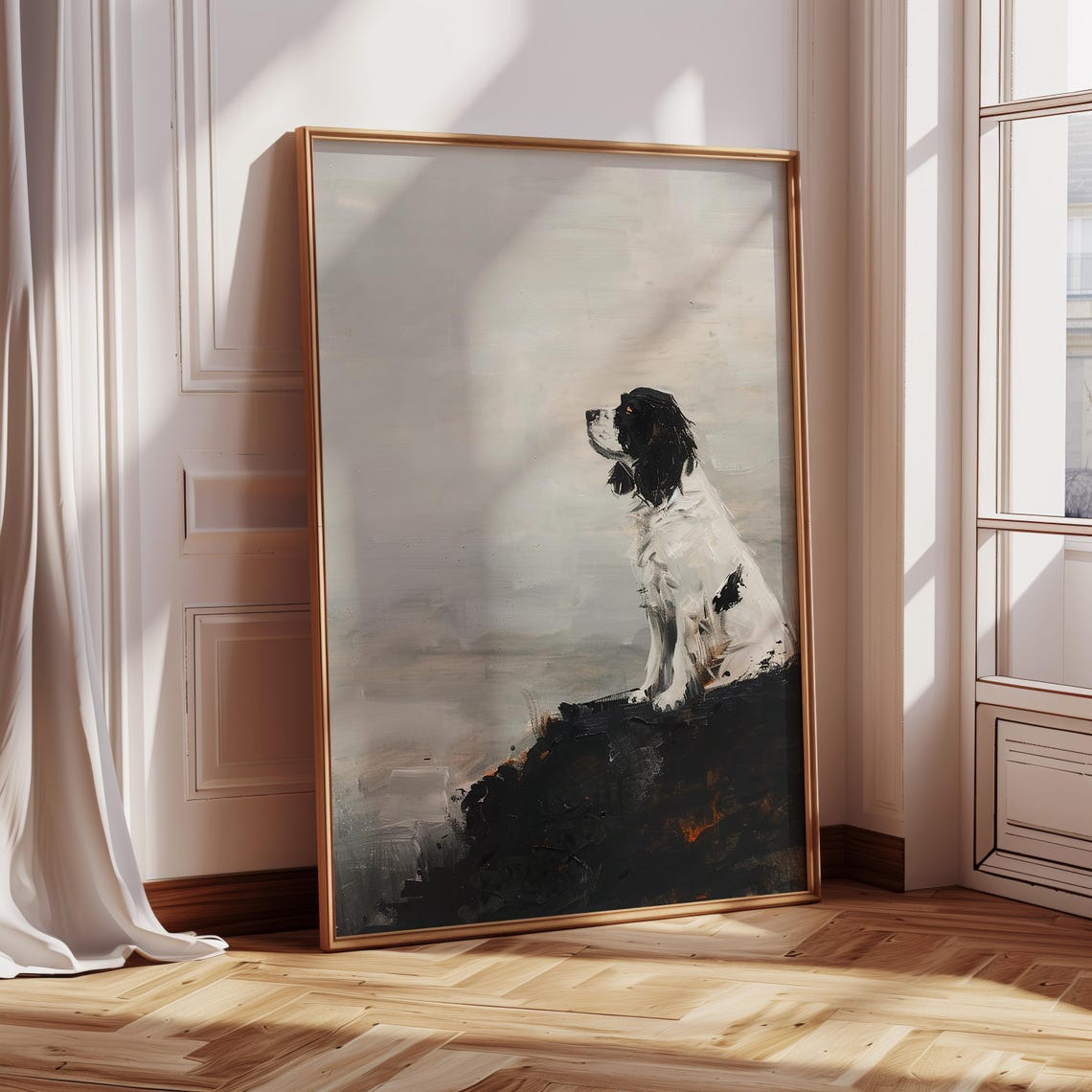 Springer Spaniel Sitting On Dark Rocks Minimalist Dog Poster