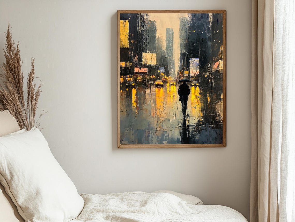 Cinematic Rainy NYC Street With Glowing Taxis And Umbrella Man Poster - Image 2