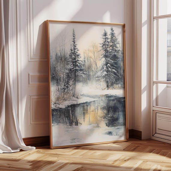 Winter River Landscape Wall Art Painting Nature Poster Oil Painting Landscape Drawing Home Decor