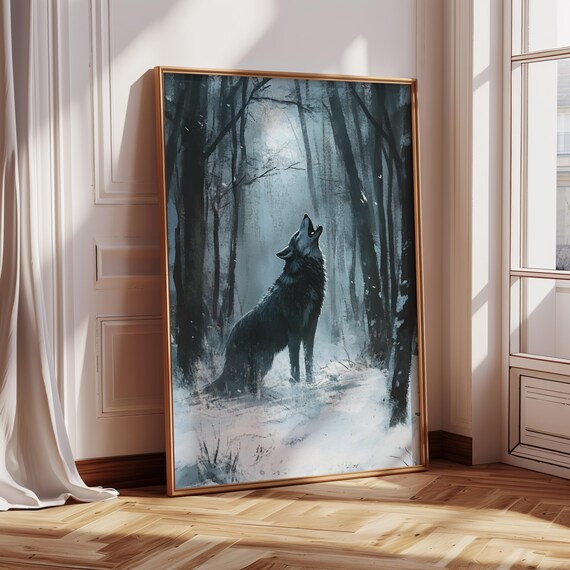 Black Wolf Howling At The Moon In A Dark Snowy Forest Poster