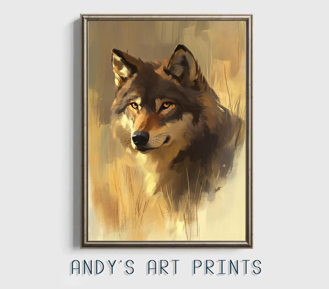 Majestic Golden Wolf With Piercing Amber Eyes Painterly Art Poster - Image 3