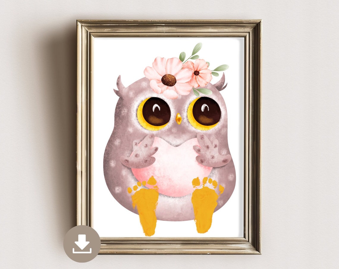 Cute Owl With Flower Crown Yellow Footprint Baby Keepsake Poster