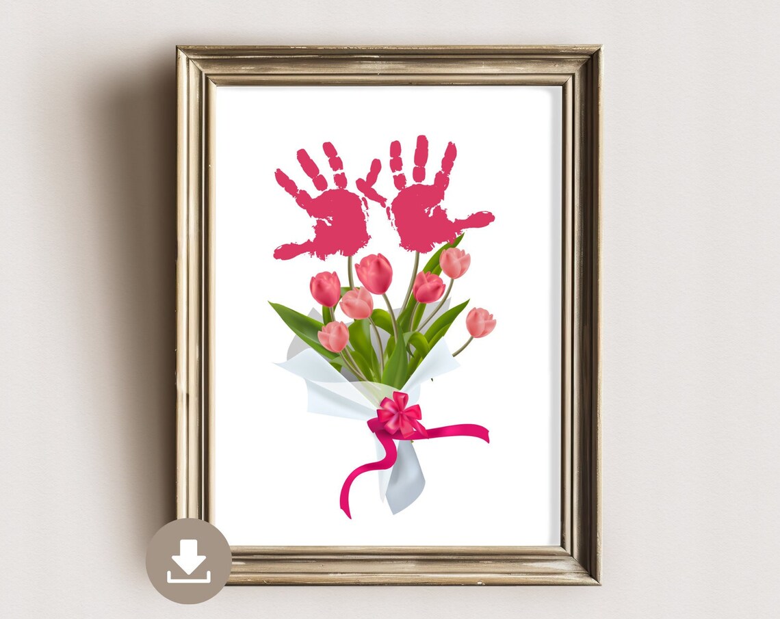 Pink Tulip Handprint Bouquet Mother Gift Nursery Keepsake Art Poster