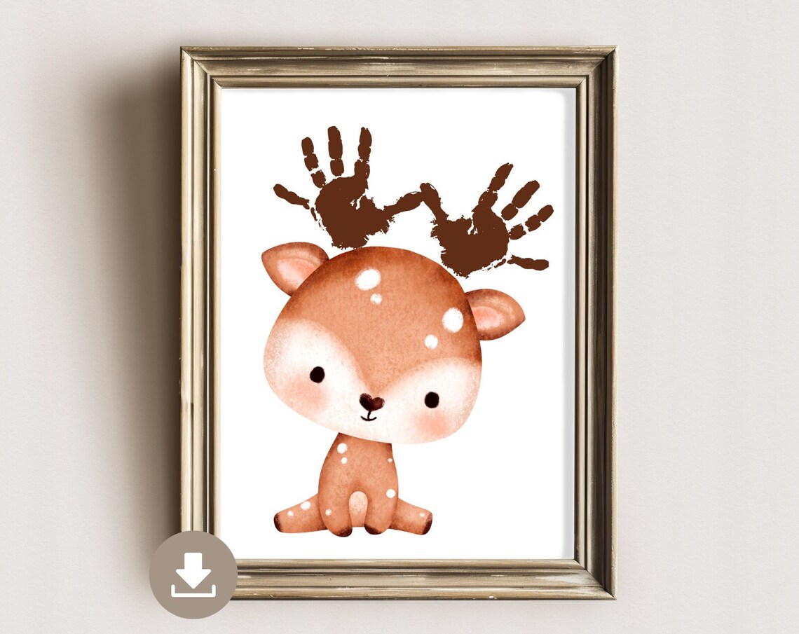 Cute Watercolor Fawn Handprint Antlers Nursery Animal Art Poster