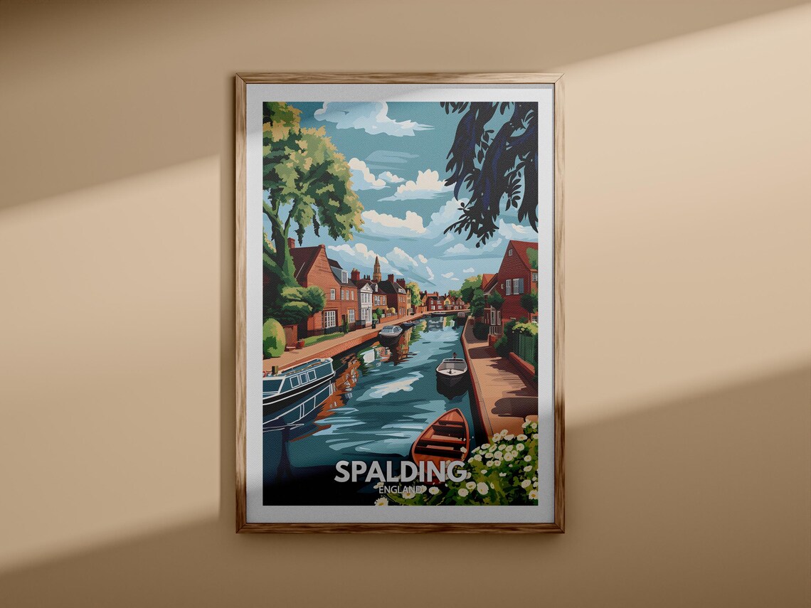 Spalding England Canal Boats Riverside Brick Houses Travel Poster - Image 3