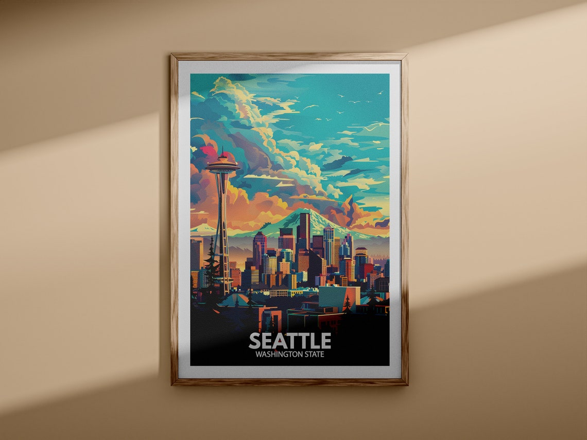 Seattle Washington State Skyline Mount Rainier Retro Travel Poster - Image 3